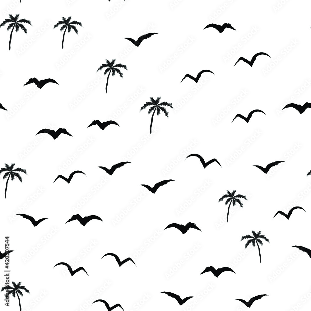 Black and white beach pattern with palm trees and birds for fabrics Black and white beach pattern with palm trees and birds for fabrics