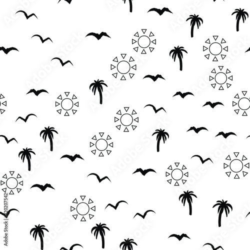 Black and white beach pattern with palm trees, birds and sun for fabrics © Vlada Balabushka