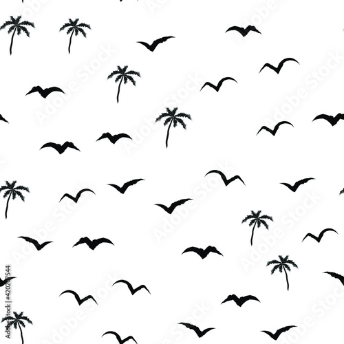 Black and white beach pattern with palm trees and birds for fabrics