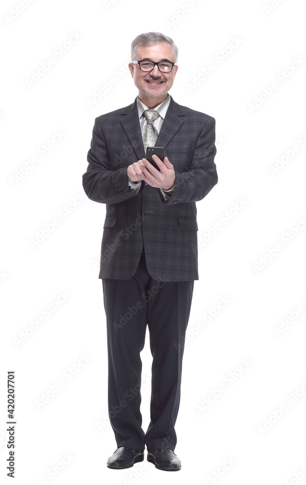 smiling elderly man with a smartphone . isolated on a white smiling elderly man with a smartphone . isolated on a white