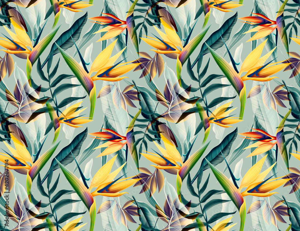 Seamless tropical flower, plant and leaf pattern background