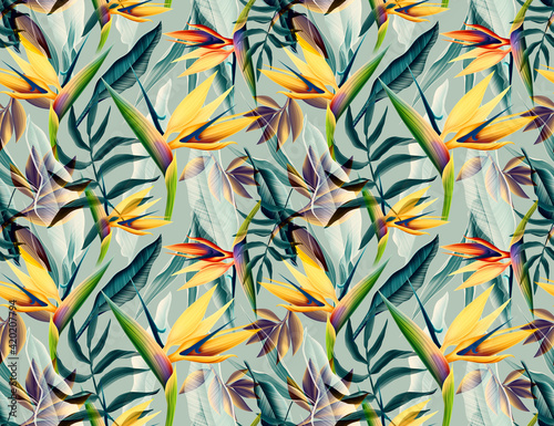 Seamless tropical flower, plant and leaf pattern background
