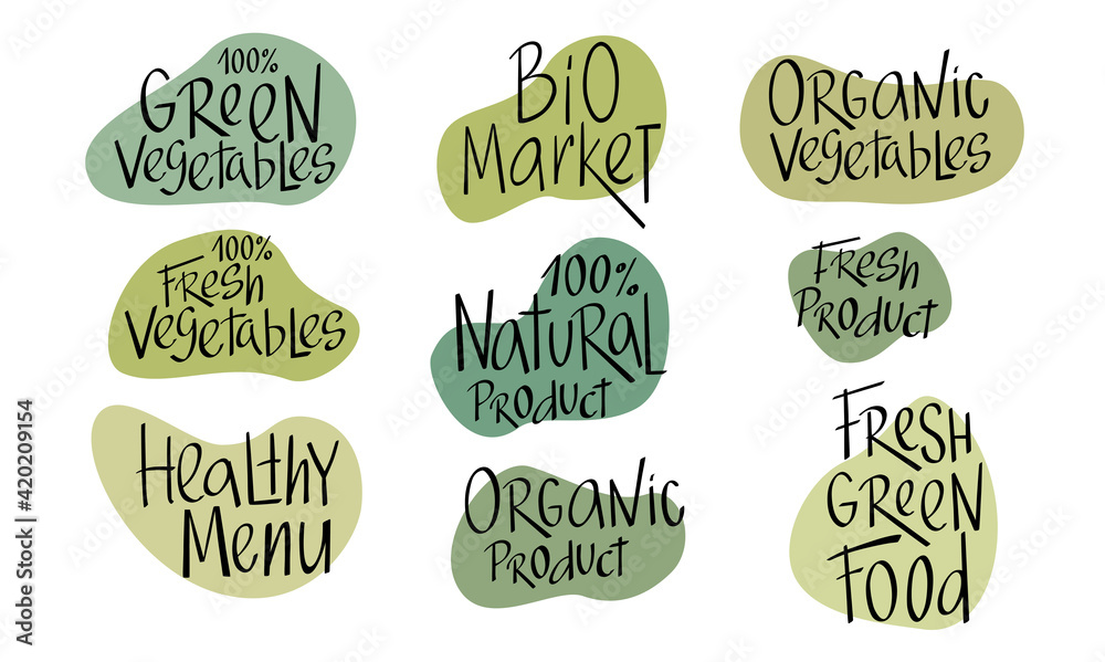 Eco green sign lettering for vegetarian, vegan shop, farmers market, natural organic food. Set of vector handwritten words isolated on white background. Sticker for healthy product. EPS10