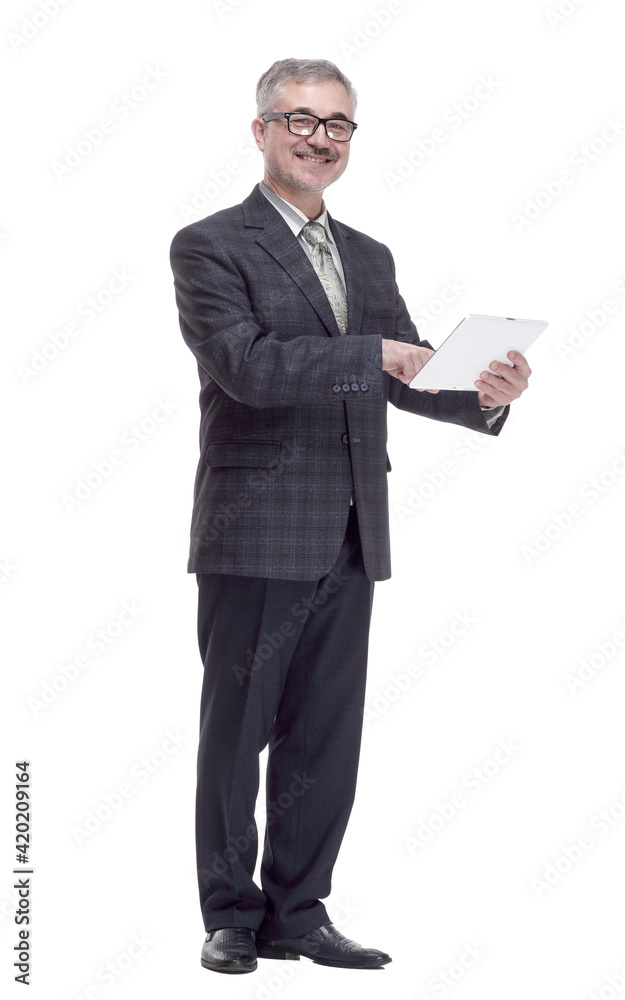 smiling man using a digital tablet. isolated on a white smiling man using a digital tablet. isolated on a white