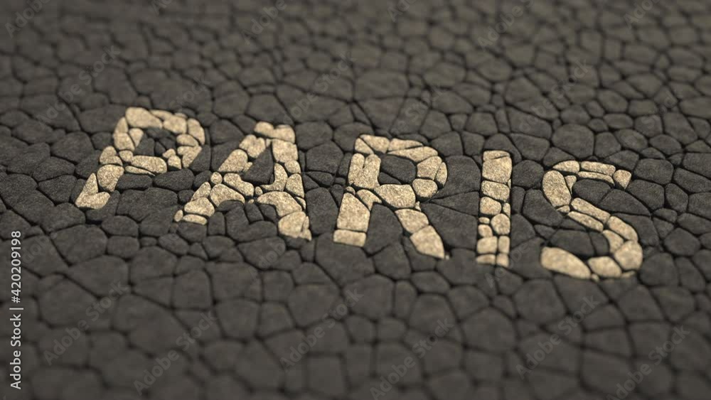 PARIS city name made of cobblestone on the old pavement, travel intro 3d animation