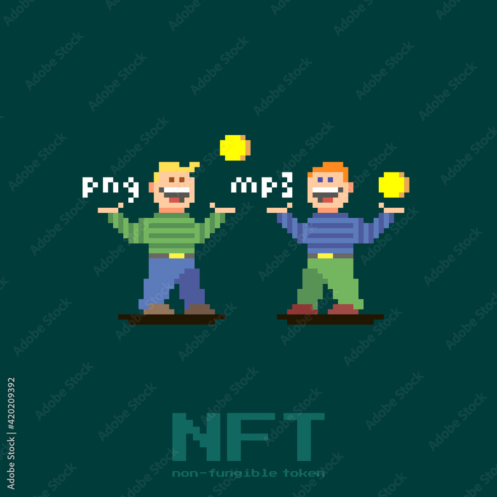 colorful simple flat pixel art illustration of two cartoon funny guys exchanging gold coins and image and music file formats
