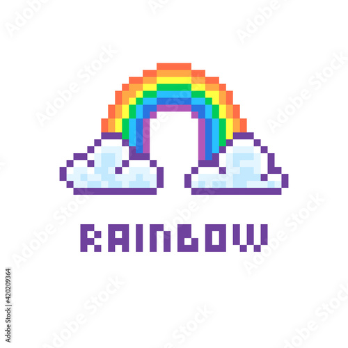 colorful simple flat pixel art illustration of cartoon rainbow between two clouds and with an inscription below