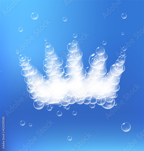 Crown of soap foam with bubbles isolated on blue background. Sparkling shampoo and bath lather vector illustration.