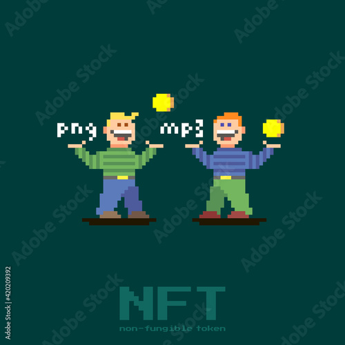 colorful simple flat pixel art illustration of two cartoon funny guys exchanging gold coins and image and music file formats © George_Chairborn
