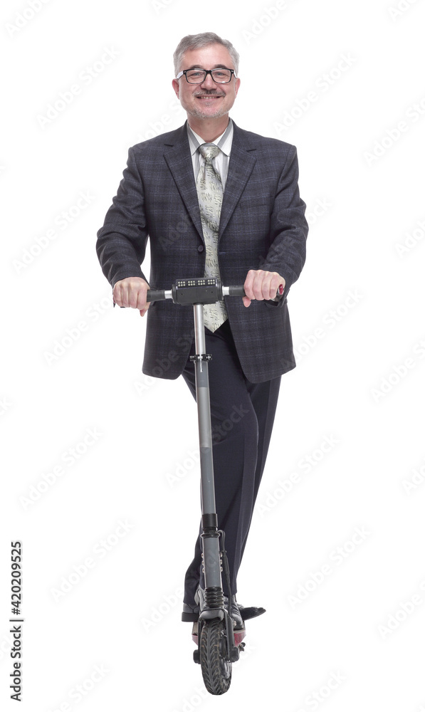 Mature man with electric scooter showing thumbs up. isolated on a white Mature man with electric scooter showing thumbs up. isolated on a white