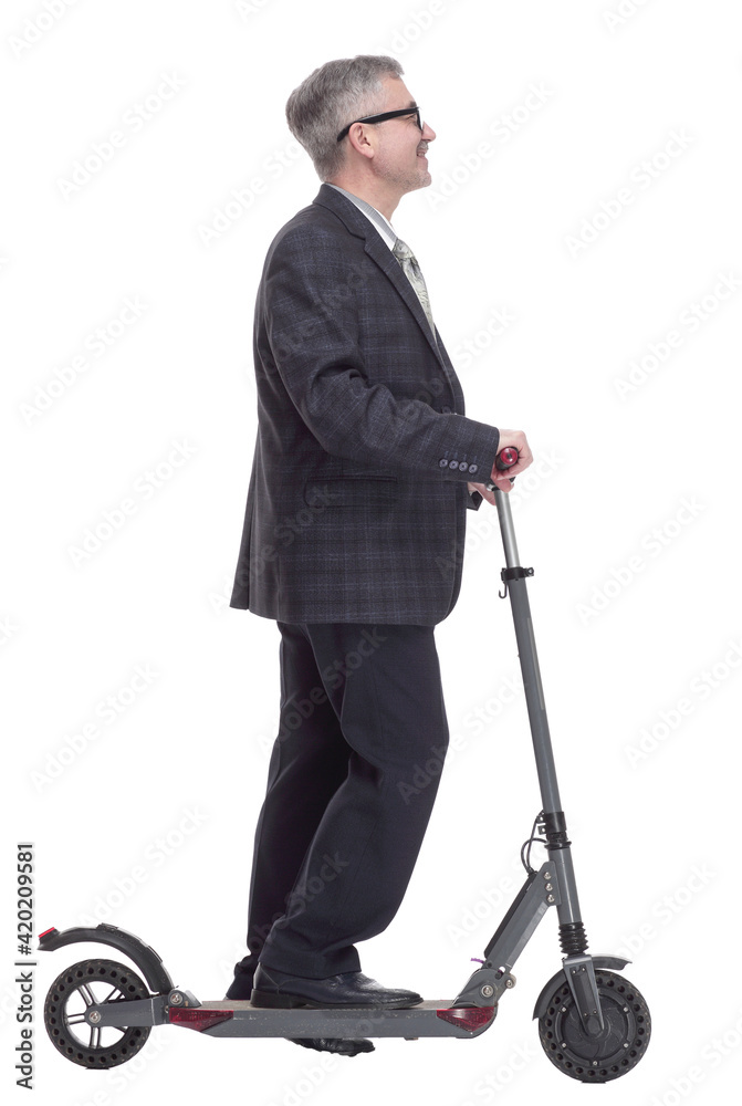 friendly adult male with an electric scooter. isolated on a white friendly adult male with an electric scooter. isolated on a white