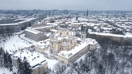 aerial view of old european church at winter timer photo