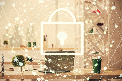 Multi exposure of lock drawing and office interior background. Concept of data security. © peshkova