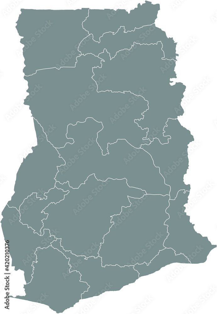 Gray vector map of the Republic of Ghana with white borders of its regions