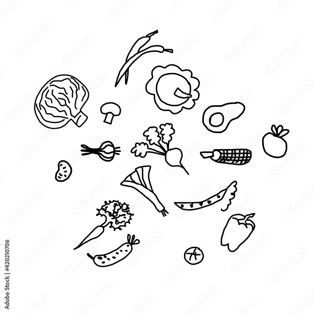 Vegetables hand drown in doodle style, Illustration in black isolated on white background Vegetables hand drown in doodle style, Illustration in black isolated on white background