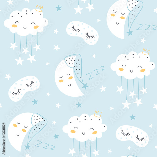 Seamless pattern with cute moon, stars, sleep mask and clouds. Kids background. Vector