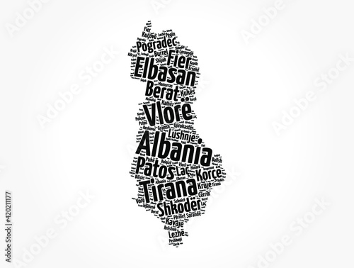 Obraz na płótnie List of cities and towns in Albania, map word cloud collage, business and travel