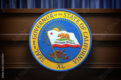 Seal of the governor of the State of California on the tribune, Press conference of governor concept. photo