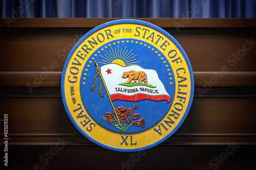 Fototapeta Seal of the governor of the State of California on the tribune, Press conference of governor concept