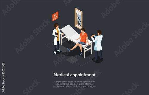 Vector Illustration In Cartoon 3D Style. Isometric Composition On Dark Background, Text. Medical Appointment With Doctor Concept Design. Three Characters, Hospital Interior. Boy At Healthcare Checkup