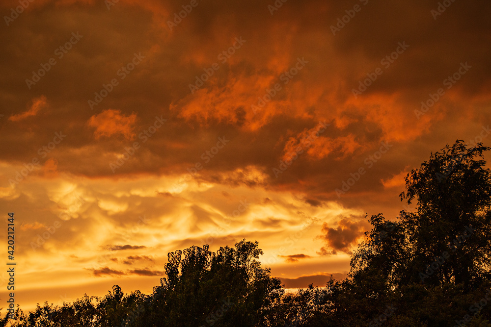 Thunderstorm clouds over a rural landscape at sunset