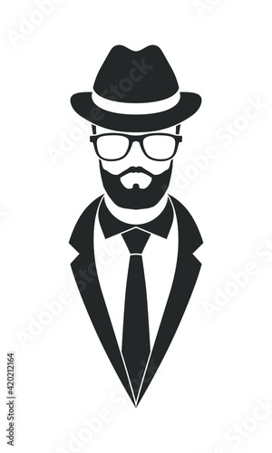 Person graphic icon. Unknown man in glasses with beard in suit and necktie and hat. Graphic sign isolated on white background. Vector illustration
