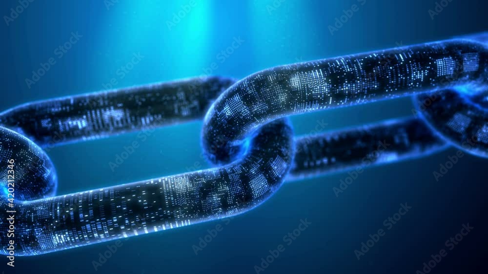 Blockchain 3D crypto chain with cryptocurrency is hodler as slang, digital data in video loop animation in cyberspace