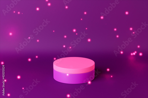 Purple cylinder podium or pedestal for products and advertising with lights particles. 3D rendering in minimal style.