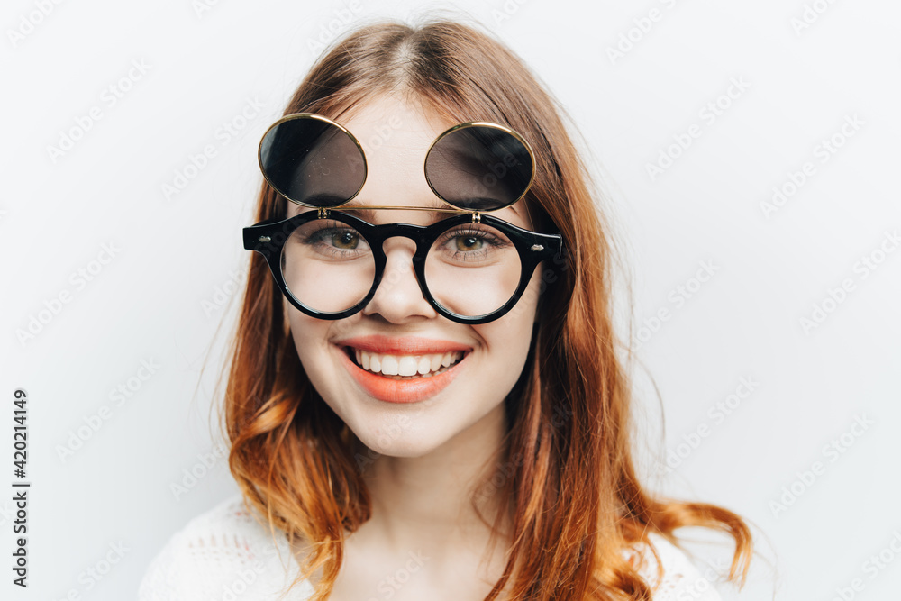 woman emotions fashionable glasses studio face close up
