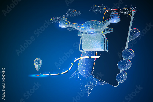 Hand holds a smartphone on the screen watching the delivery tracking. Quadcopter courier. Technology autonomous Delivery shipping by air. Autonomous logistics. Vector illustration.