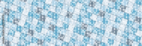 Squares tightly placed next to each other all in different shades of blue in a panoramic background view