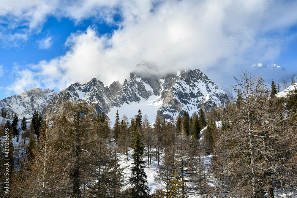 Snow-covered mountains. View to Montblanc mountain from the Italian ski resort. 
