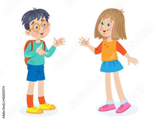 A cute little girl and a funny boy with glasses are standing and talking. In cartoon style. Isolated on white background. Vector flat illustration.