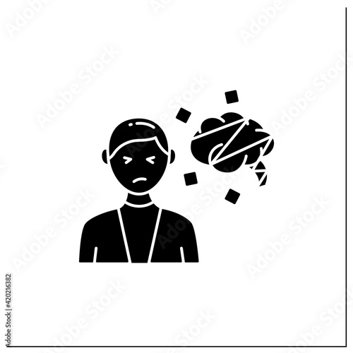 Cognitive dissonance glyph icon.Mental conflict between knowledge, ideas, mind. Divergence of thought and action. Information overload concept. Filled flat sign.Isolated silhouette vector illustration