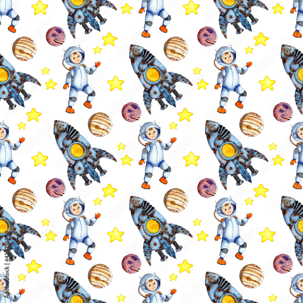 Watercolor illustration seamless repeating pattern cosmos, rocket, astronaut, stars, planets. Colorful design for prints on paper, fabric and clothing. Isolated on white background. Drawn by hand.
