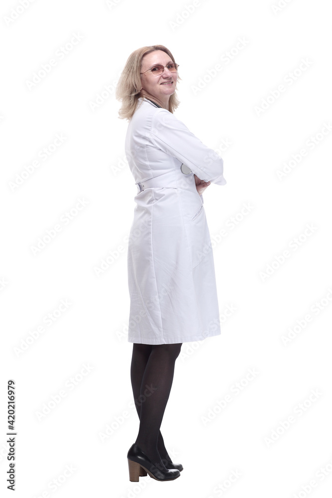 female doctor looking at blank screen. isolated on a white female doctor looking at blank screen. isolated on a white