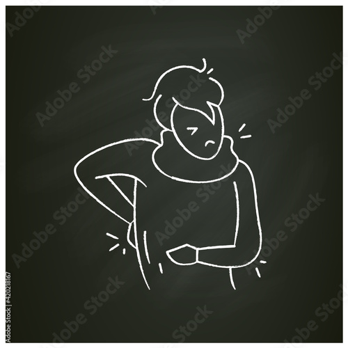 Muscle or back aches chalk icon.Character with stomach,flu,cold pain problems. Health problem.Isolated vector illustration on chalkboard