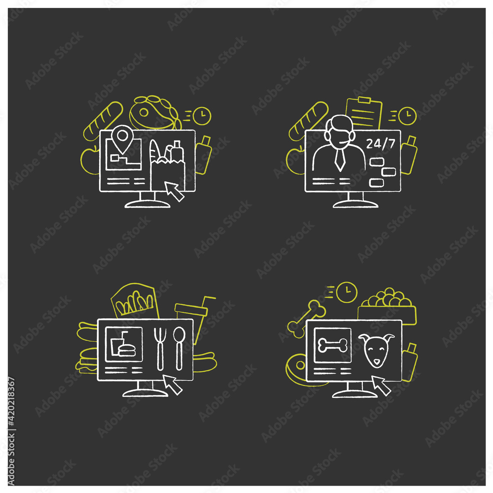 Online food chalk icons set. Dark store, pizza constructor online, food map, shopping. Shopping application. Isolated vector illustrations on chalkboard Online food chalk icons set. Dark store, pizza constructor online, food map, shopping. Shopping application. Isolated vector illustrations on chalkboard