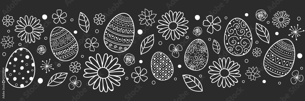 Easter banner with cute with eggs and flowers. Vector