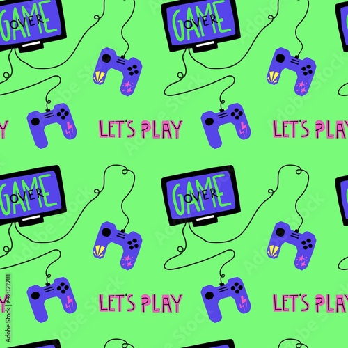 Joystick seamless pattern. Bright modern cartoon video game, gamepad for console or pc. Gamer geek modern background. Decor textile, wrapping paper wallpaper vector trendy print or fabric