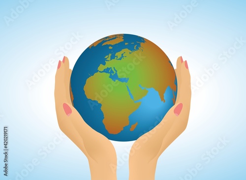 Two hands gently holding planet Earth. Conceptual environmental friendlyness. The image could be found with other countries on top of globe and also held by darker hands. Vector illustration. EPS10.