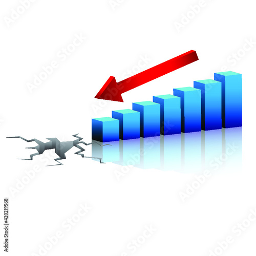 Business Graph with arrow showing cracked ground on white