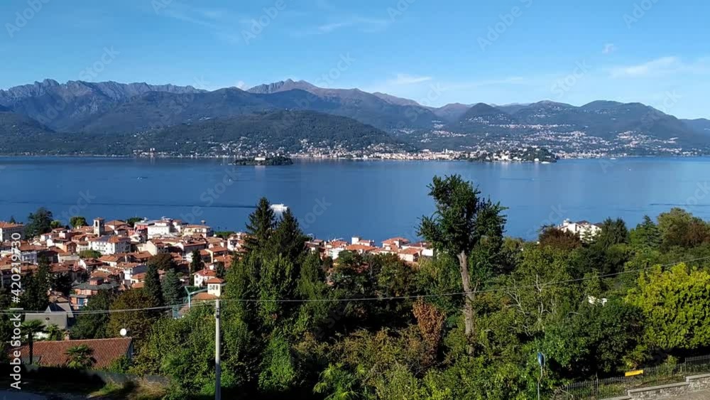 Stresa,aerial view on Lake Maggiore and Borromean islands.Piedmont,Italy. Stresa,aerial view on Lake Maggiore and Borromean islands.Piedmont,Italy.