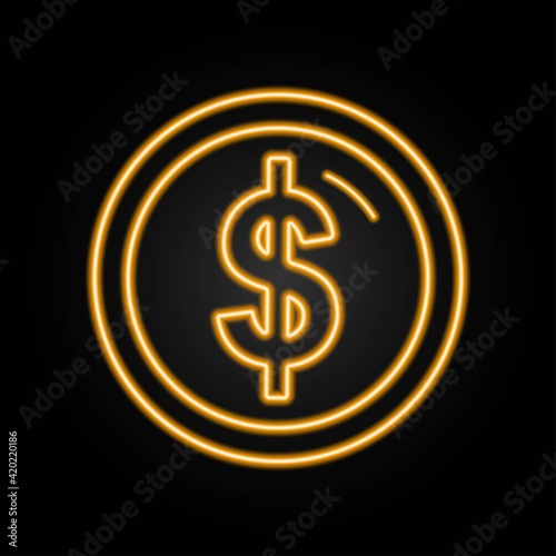 Coin neon sign, modern glowing banner design, colorful trend of modern design on black background. Vector illustration.