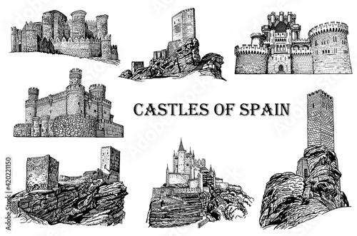 Graphical castles of Spain on white background, vector architecture