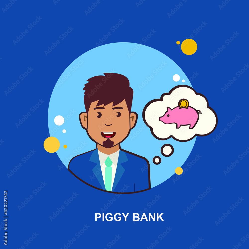Piggy bank with businessman standing front view on blue background flat concept design Piggy bank with businessman standing front view on blue background flat concept design