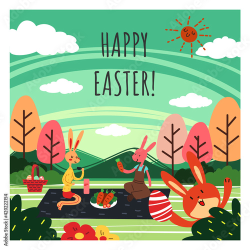 A greeting card of Happy Easter with a group of bunnies celebrate Easter Day together at the forest in sunny day and Happy Easter calligraphy at the center flat vector illustration.