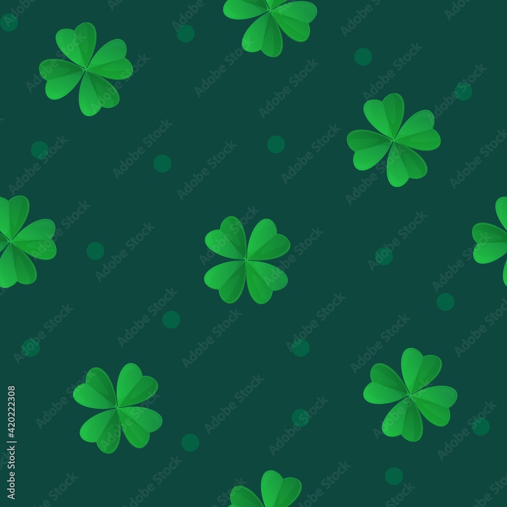 Saint Patrick Day green clover seamless pattern. Can be used as fabric texture, background, wrapping paper print, wallpaper. Stock vector illustration in realistic cartoon style Saint Patrick Day green clover seamless pattern. Can be used as fabric texture, background, wrapping paper print, wallpaper. Stock vector illustration in realistic cartoon style