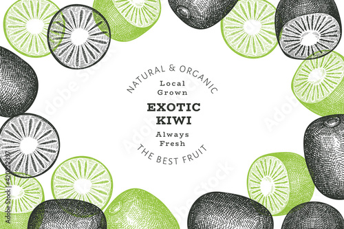 Hand drawn sketch style kiwi banner. Organic fresh fruit vector illustration. Retro kiwi fruit design template
