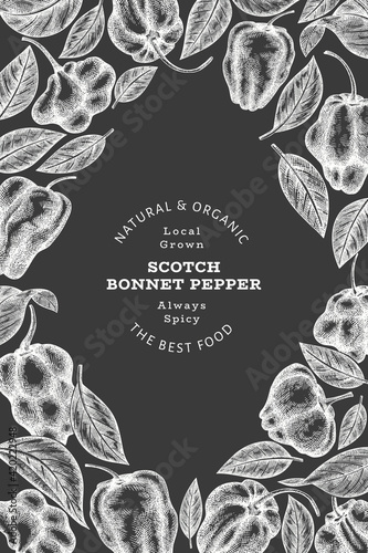 Hand drawn sketch style scotch bonnet pepper banner. Organic fresh vegetable vector illustration on chalk board. Retro cayenne pepper design template